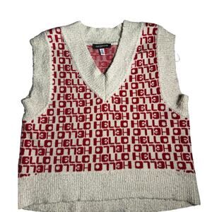 Urban Outfitters Cream Red Hello Medium Hipster Boxy Crop Comic Sweater Vest